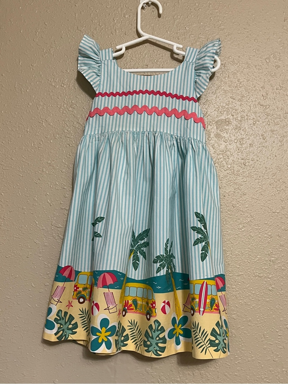 BONNIE JEAN Girls Blue Striped Flutter Beach Border Sundress with Pink Trim Sz 5